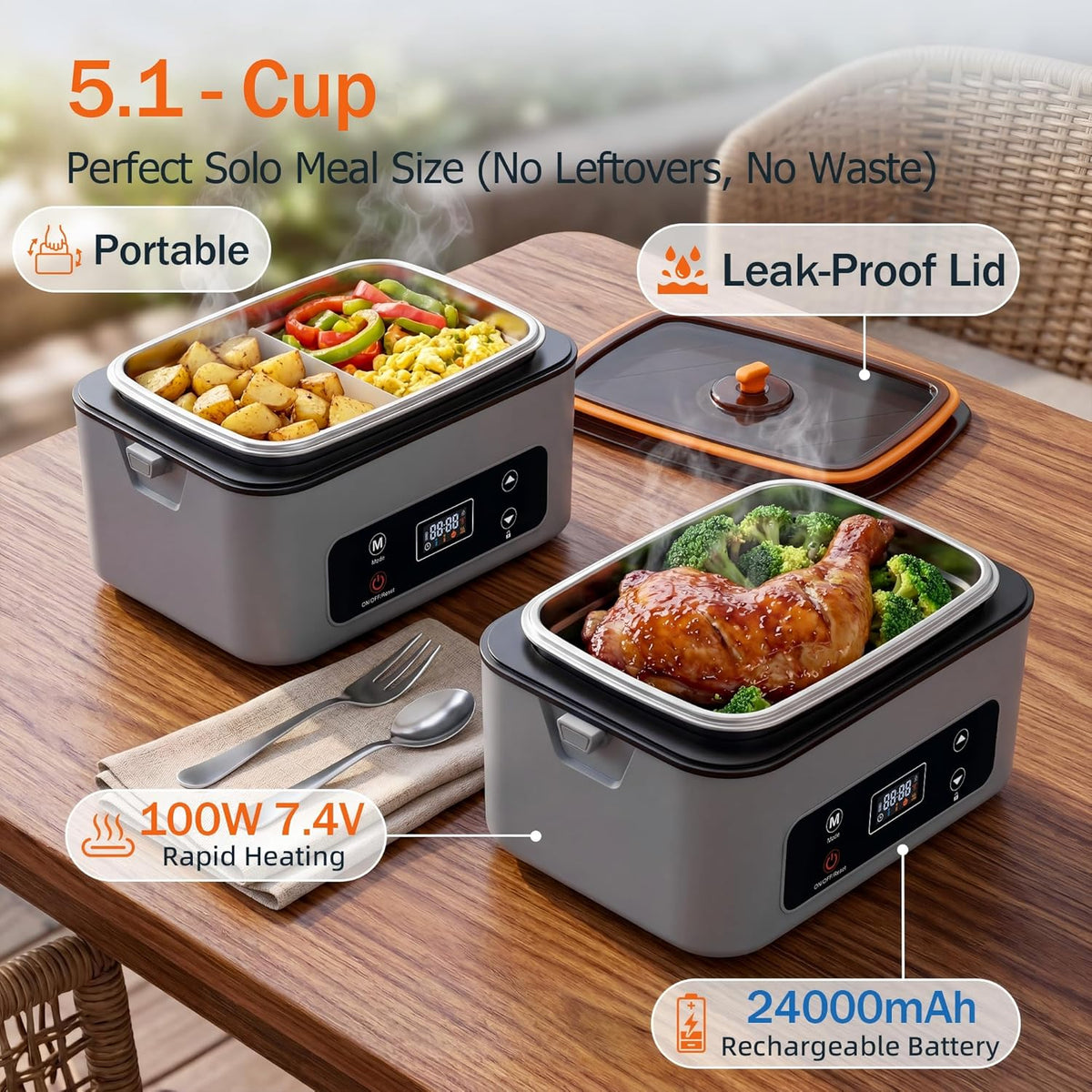 Cordless Electric Lunch Box Heater, 100W Portable Food Warmer, Gray