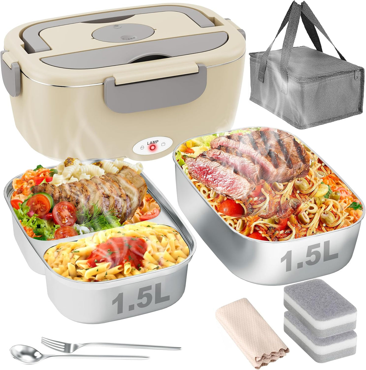 Electric Lunch Box for Adults, Heated Lunch Box for Car and Truck, Portable Food Warmer for Office Work, 80W Fast Heating, Dual Removable 1.5L Stainless Steel Containers