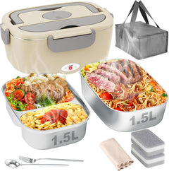Electric Lunch Box for Adults, Heated Lunch Box for Car and Truck, Portable Food Warmer for Office Work, 80W Fast Heating, Dual Removable 1.5L Stainless Steel Containers