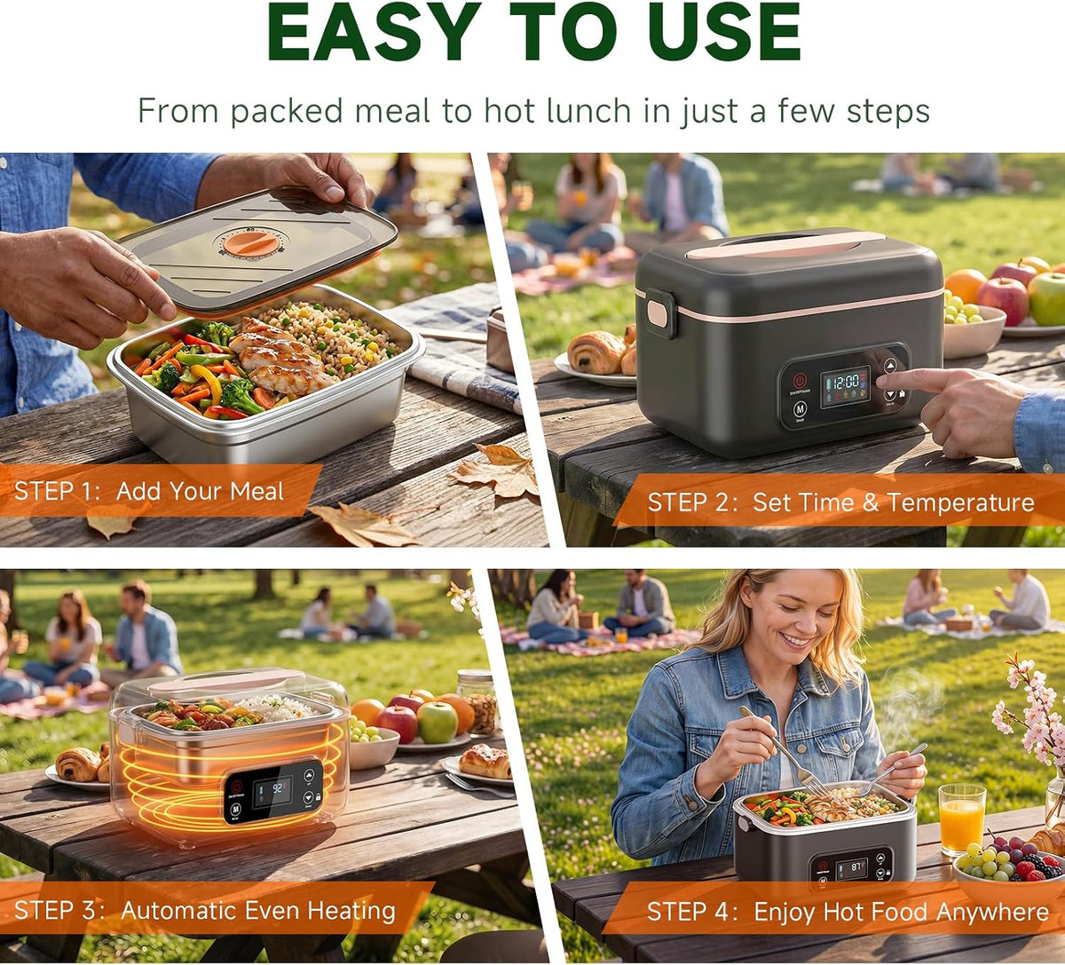 Cordless Electric Lunch Box, 24000Mah Rechargeable Food Warmer with 5-Sided Heating, 1.3L Portable Self Heating Lunch Box with Smart Timer & Lock Screen for Work, Car, Truck, Camping