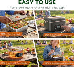 Cordless Electric Lunch Box, 24000Mah Rechargeable Food Warmer with 5-Sided Heating, 1.3L Portable Self Heating Lunch Box with Smart Timer & Lock Screen for Work, Car, Truck, Camping