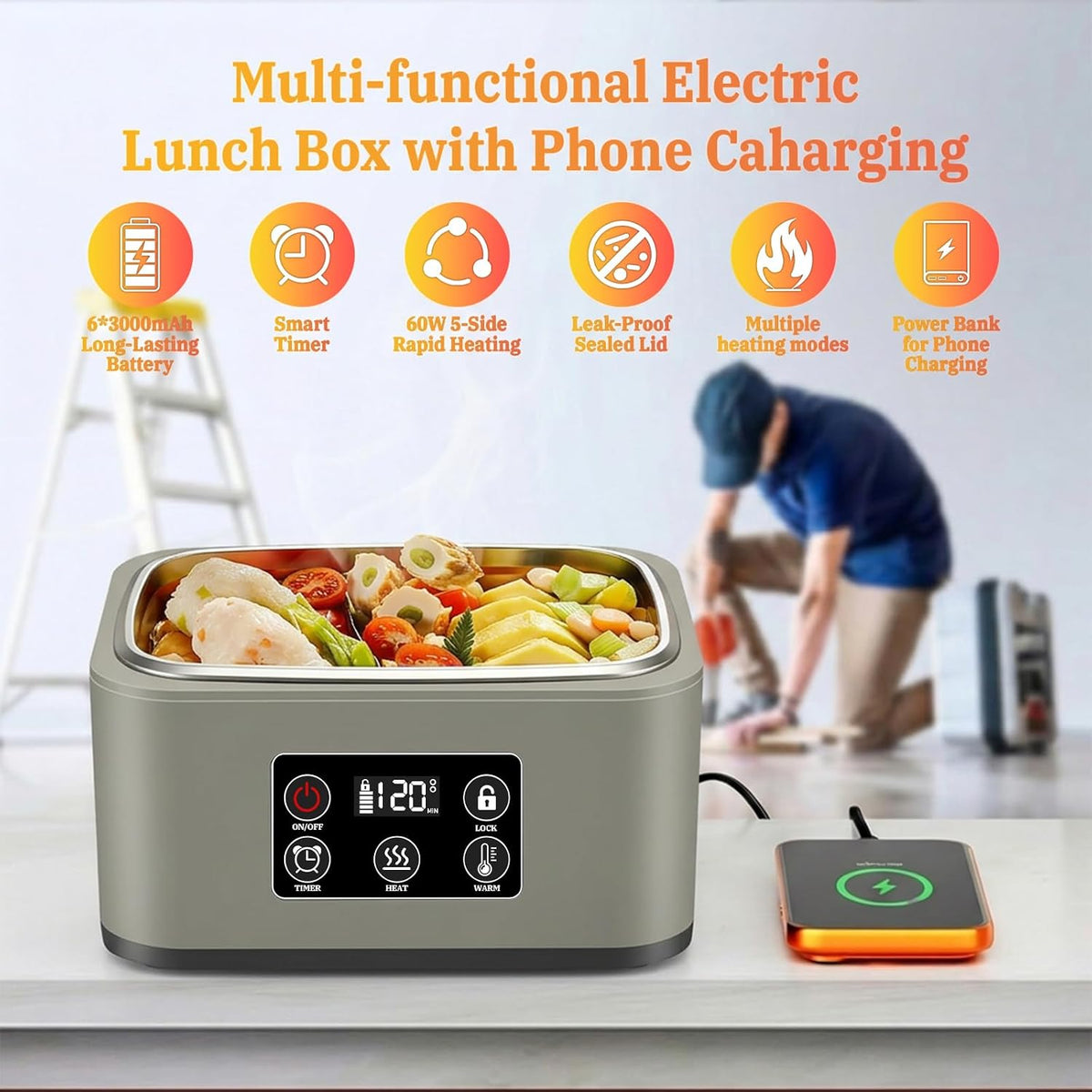 1.5L Electric Lunch Box for Adults Stainless Steel Self Heating Lunchbox Men with Timer & Adjustable Heating Portable Luncheaze Food Warmer for Car/Truck/Office/Camping