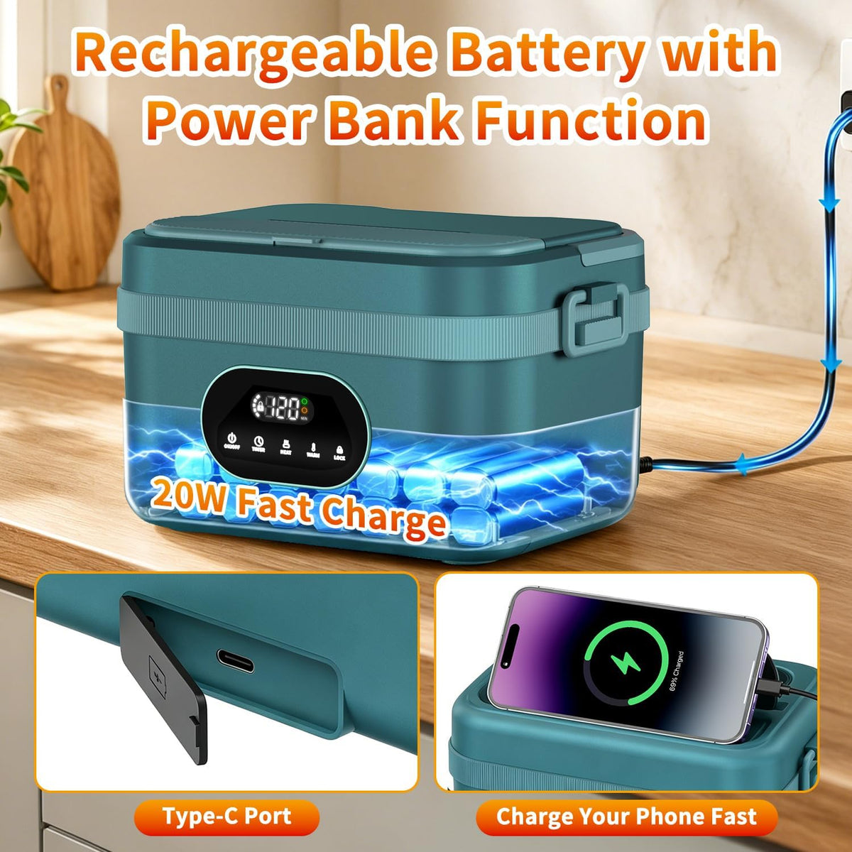 Rechargeable Electric Lunch Box Food Warmer, 24000Mah 1.5-Liter