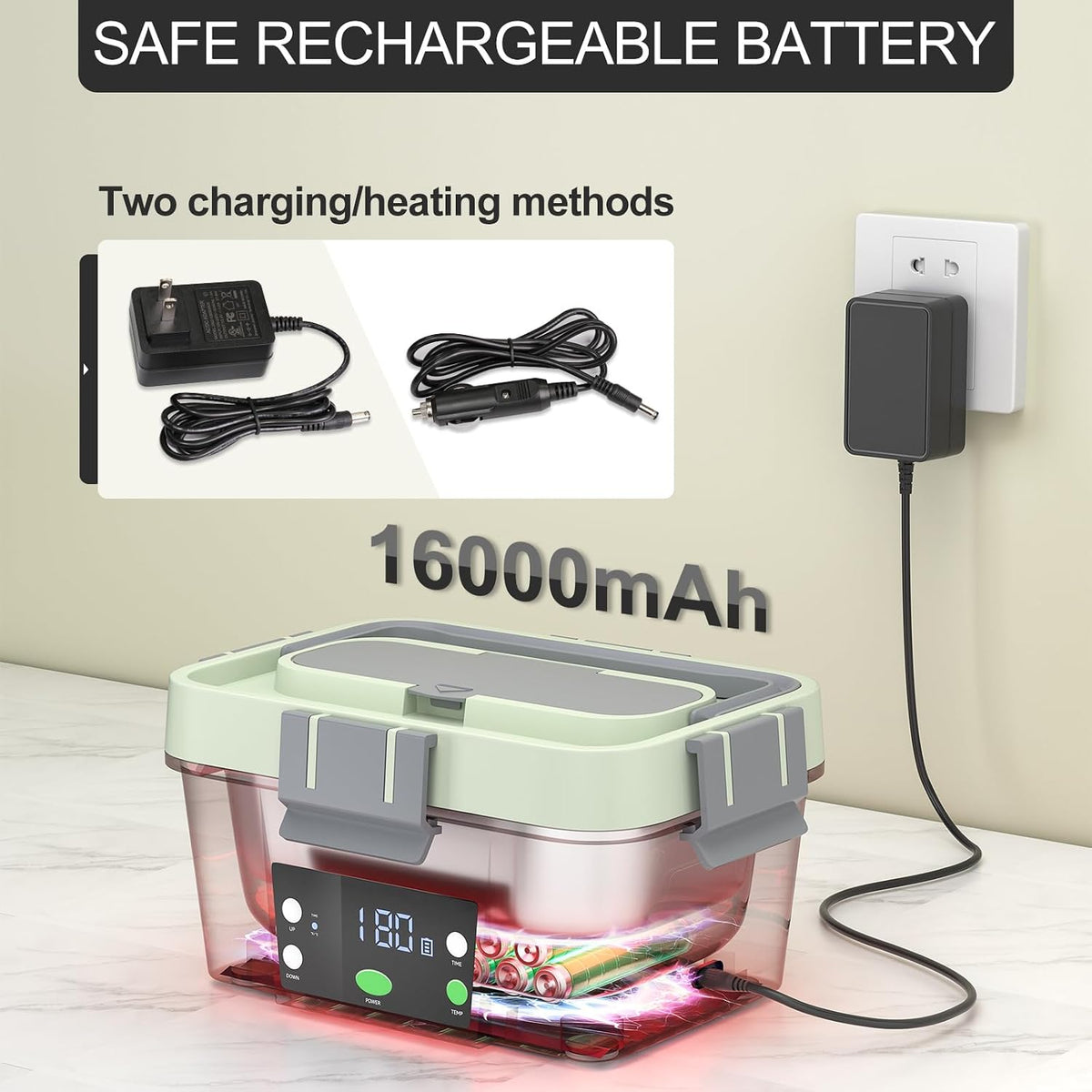Portable Electric Lunch Box for Adults, 6.75 Cups and 16,000Mah Rechargeable Cordless Heated Lunch Box with Insulated Lunch Bag & Scheduled Self Heating Lunchbox (Fruit Green)