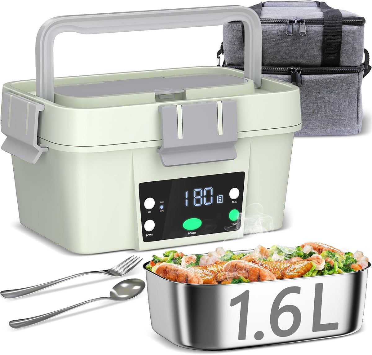 Portable Electric Lunch Box for Adults, 6.75 Cups and 16,000Mah Rechargeable Cordless Heated Lunch Box with Insulated Lunch Bag & Scheduled Self Heating Lunchbox (Fruit Green)