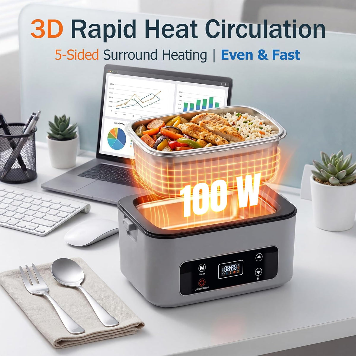 Cordless Electric Lunch Box Heater, 100W Portable Food Warmer, Gray
