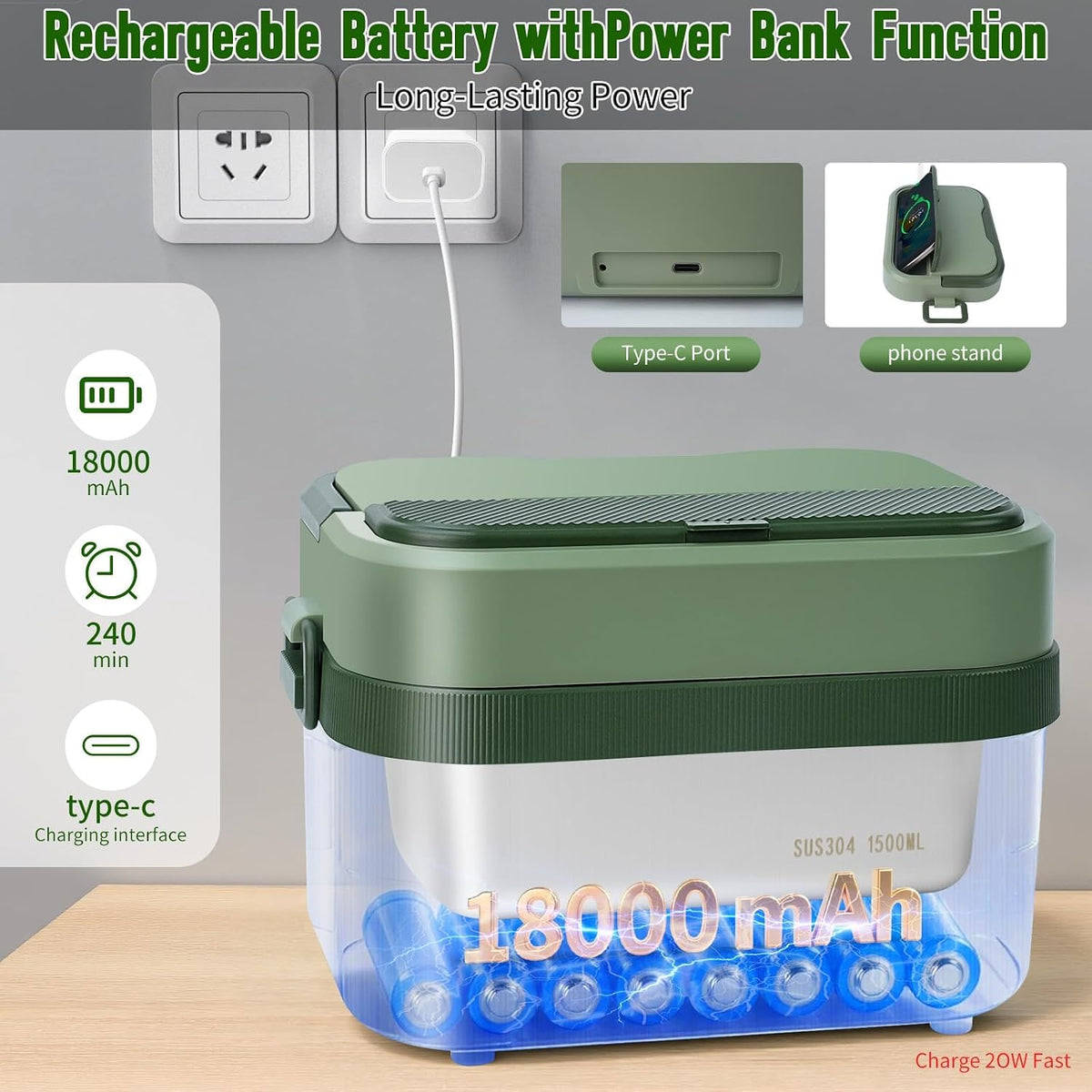 Heated Lunch Box for Men - 18000Mah Battery Powered Cordless Electric Lunch Box for Adults Worker, Commuters, Drivers, 5 Side Self-Heating, Scheduled Heating & 6.3 Cups Container