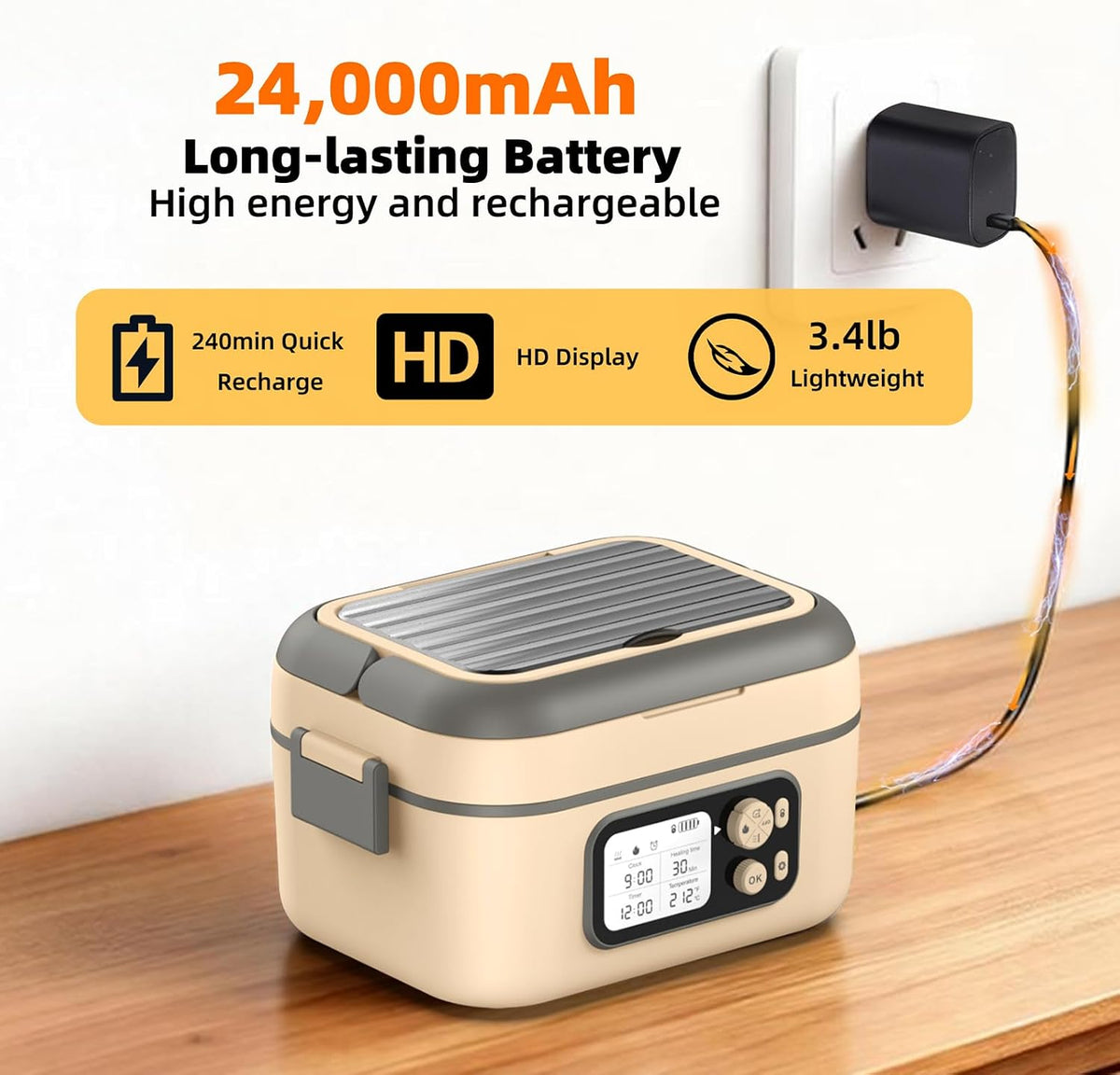 Electric Heated Lunch Box for Men, 6.3 Cup 100W Cordless Lunch Box Food Warmer with 24000Mah Battery for Self Heating, Including Cutlery, Insulated Bag and Divider for Women Adults(Grey+Beige)