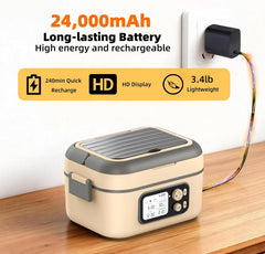 Electric Heated Lunch Box for Men, 6.3 Cup 100W Cordless Lunch Box Food Warmer with 24000Mah Battery for Self Heating, Including Cutlery, Insulated Bag and Divider for Women Adults(Grey+Beige)