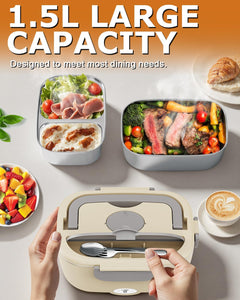 Electric Lunch Box for Adults, Heated Lunch Box for Car and Truck, Portable Food Warmer for Office Work, 80W Fast Heating, Dual Removable 1.5L Stainless Steel Containers