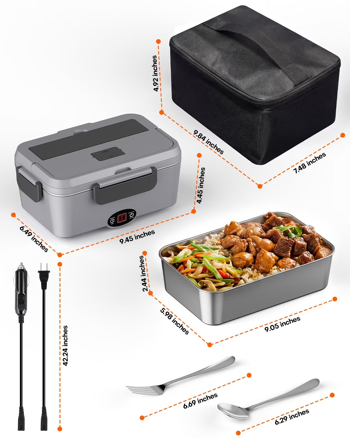 Electric Lunch Box, 1.8 L Portable Food Heater with Timer and Stainless Steel Container