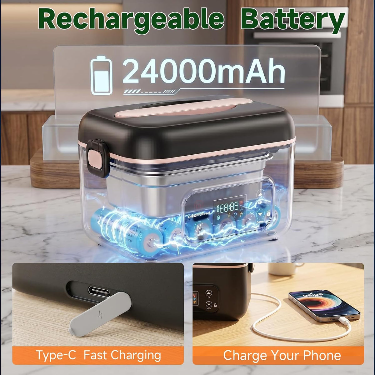 Cordless Electric Lunch Box, 24000Mah Rechargeable Food Warmer with 5-Sided Heating, 1.3L Portable Self Heating Lunch Box with Smart Timer & Lock Screen for Work, Car, Truck, Camping
