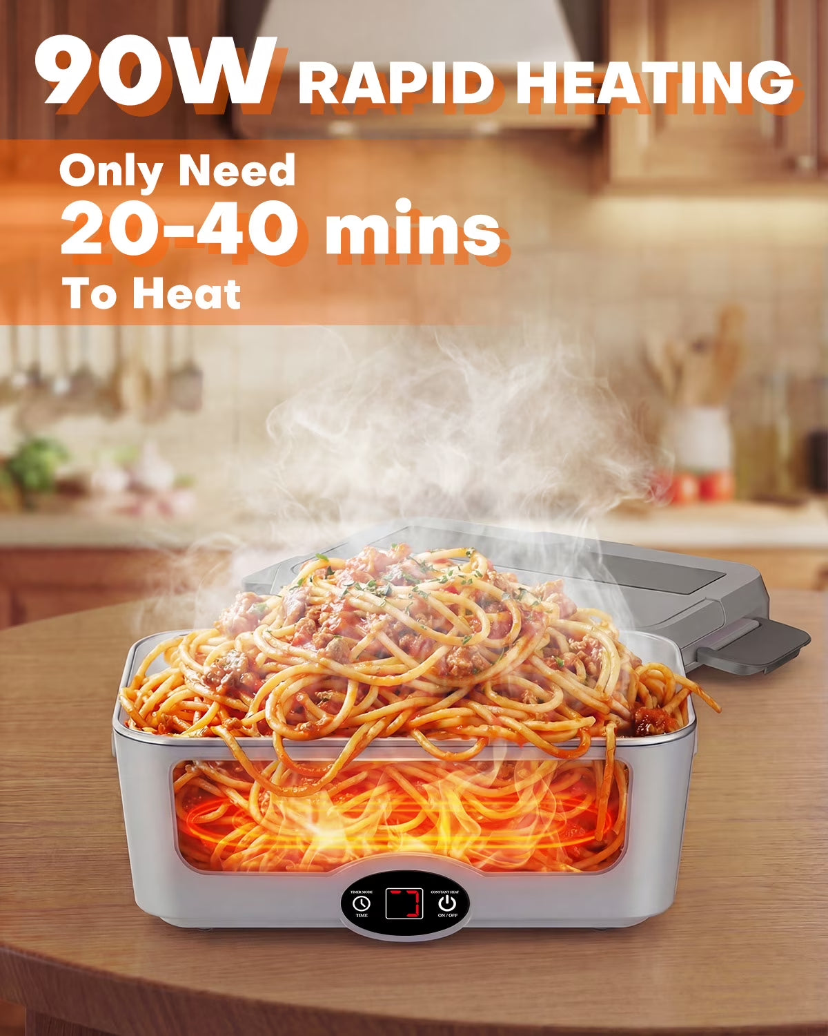 Electric Lunch Box, 1.8 L Portable Food Heater with Timer and Stainless Steel Container