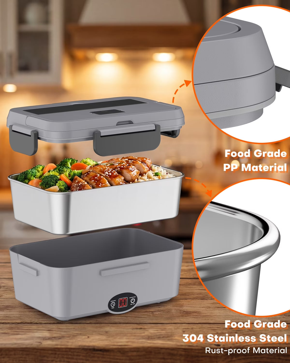 Electric Lunch Box, 1.8 L Portable Food Heater with Timer and Stainless Steel Container