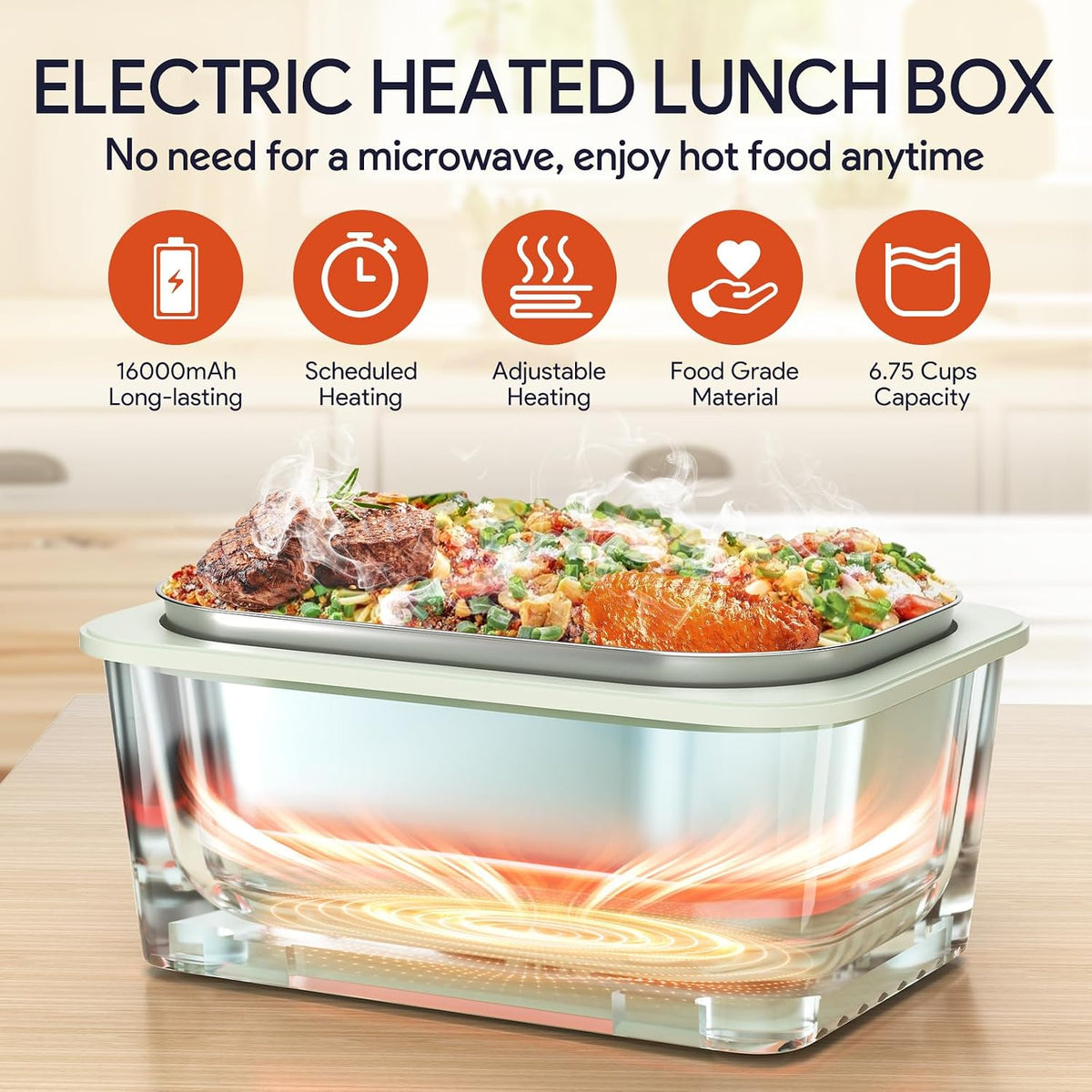 Portable Electric Lunch Box for Adults, 6.75 Cups and 16,000Mah Rechargeable Cordless Heated Lunch Box with Insulated Lunch Bag & Scheduled Self Heating Lunchbox (Fruit Green)
