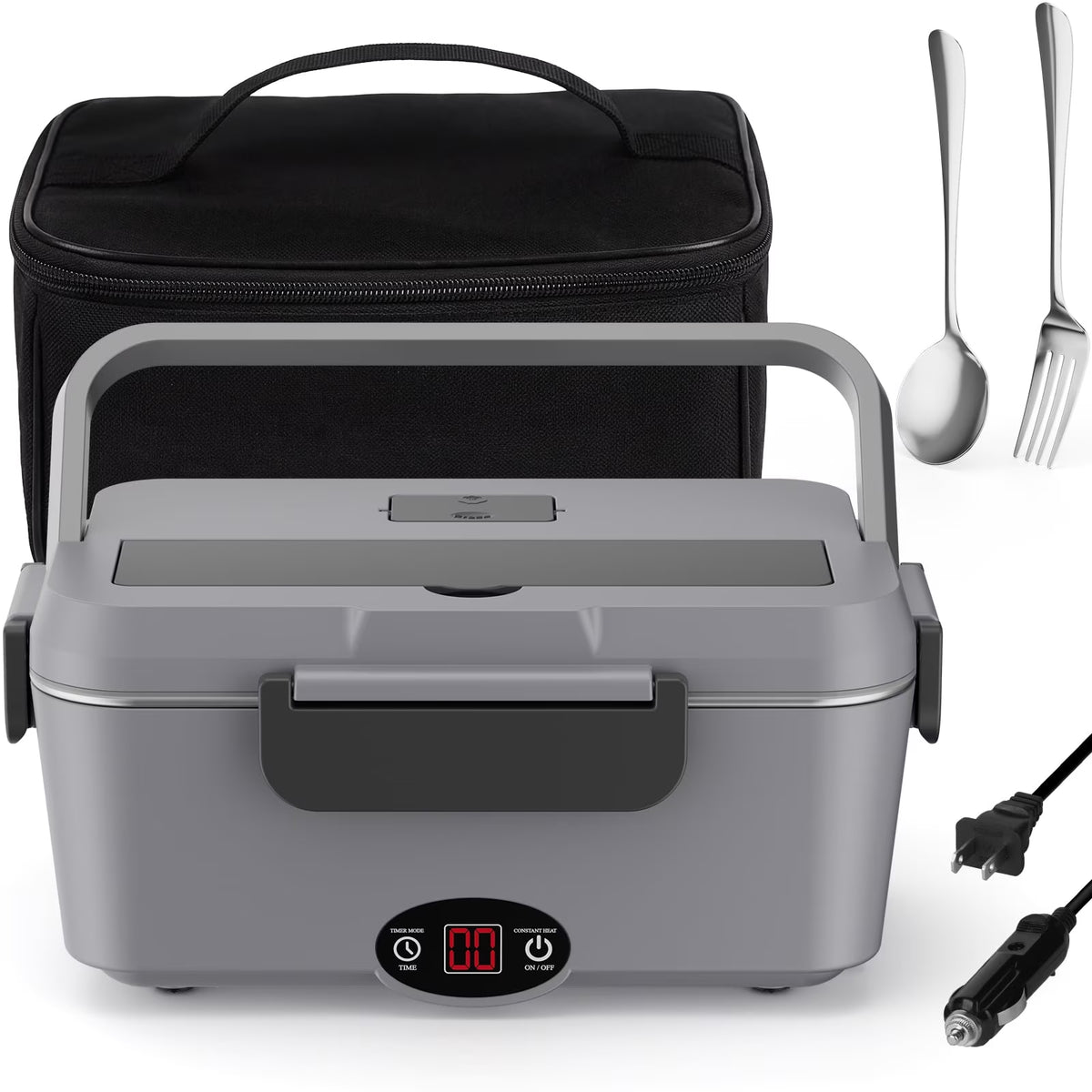 Electric Lunch Box, 1.8 L Portable Food Heater with Timer and Stainless Steel Container