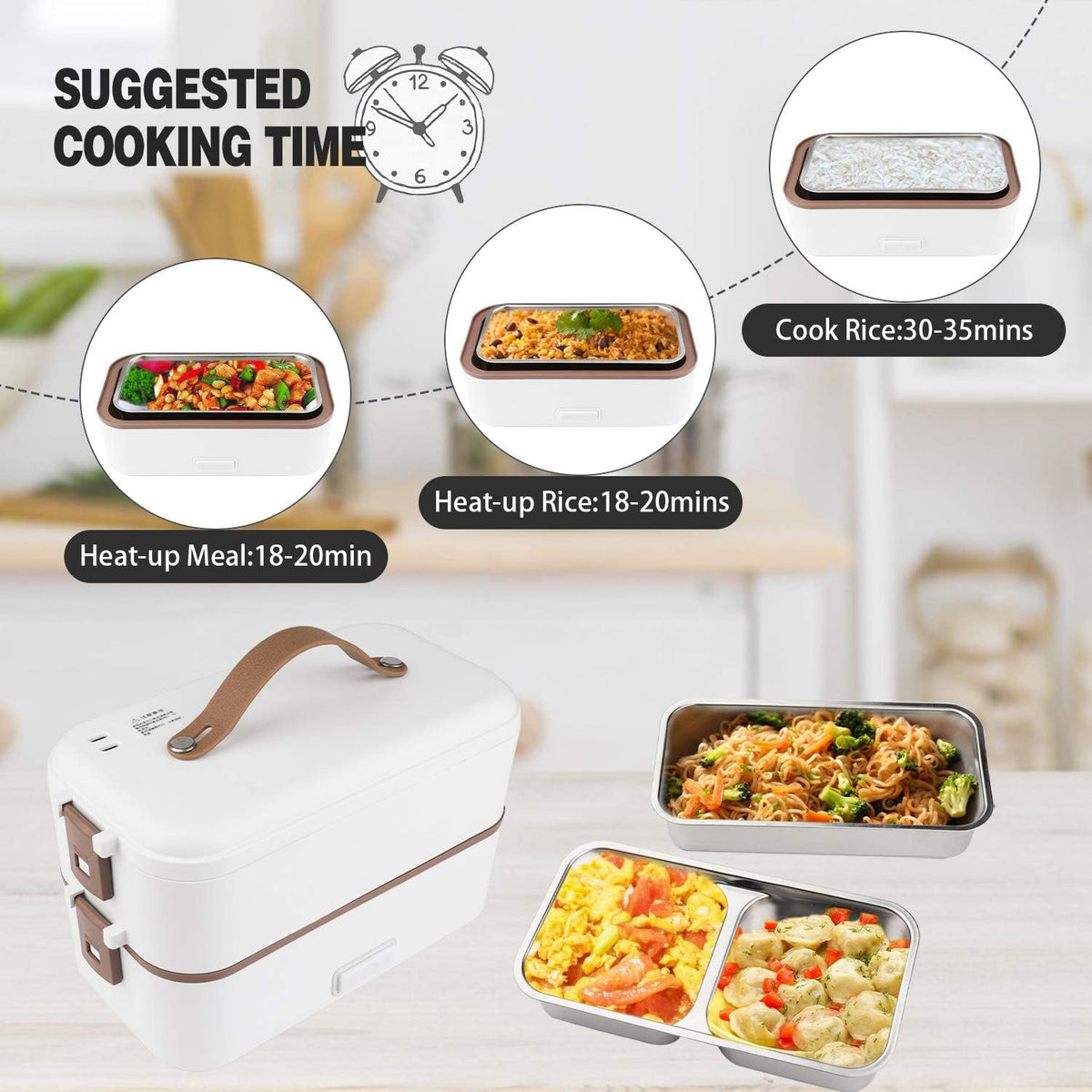 Electric Lunch Box for Adults, 300W Cook Raw Rice 2 Layer Heated Lunch Box