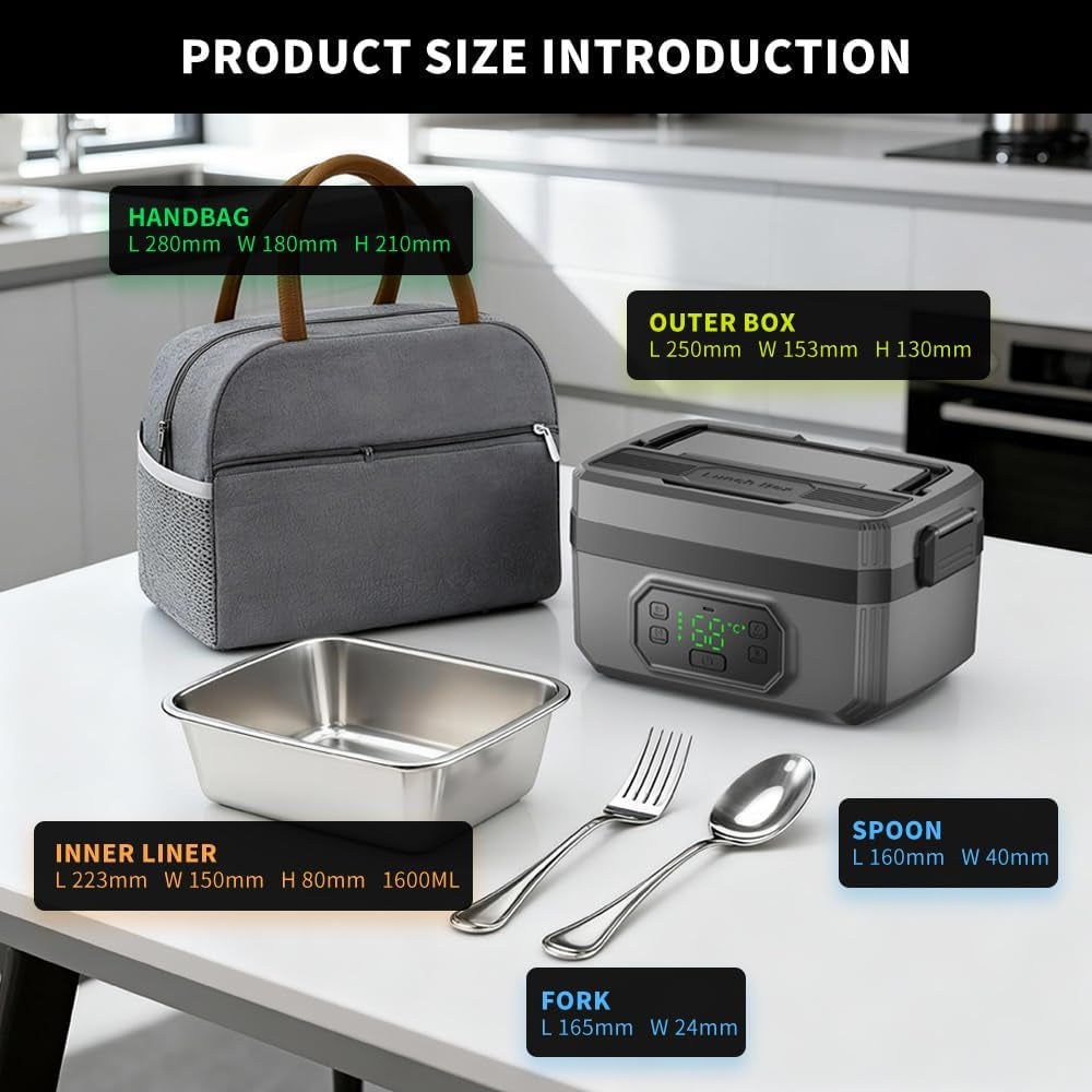 Electric Lunch Box Food Heater for Adult,1.6L & 24000Mah Heatable Lunchbox Battery Powered with Automatic Heating, Portable Food Warmer with Removable Divider for Truck Office Travel