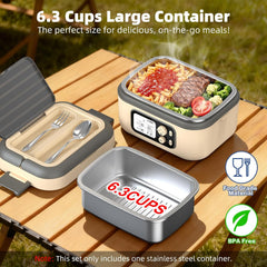 Electric Heated Lunch Box for Men, 6.3 Cup 100W Cordless Lunch Box Food Warmer with 24000Mah Battery for Self Heating, Including Cutlery, Insulated Bag and Divider for Women Adults(Grey+Beige)
