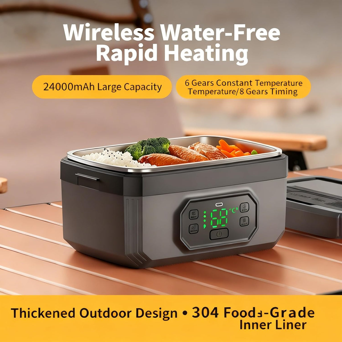 Electric Lunch Box Food Heater for Adult,1.6L & 24000Mah Heatable Lunchbox Battery Powered with Automatic Heating, Portable Food Warmer with Removable Divider for Truck Office Travel