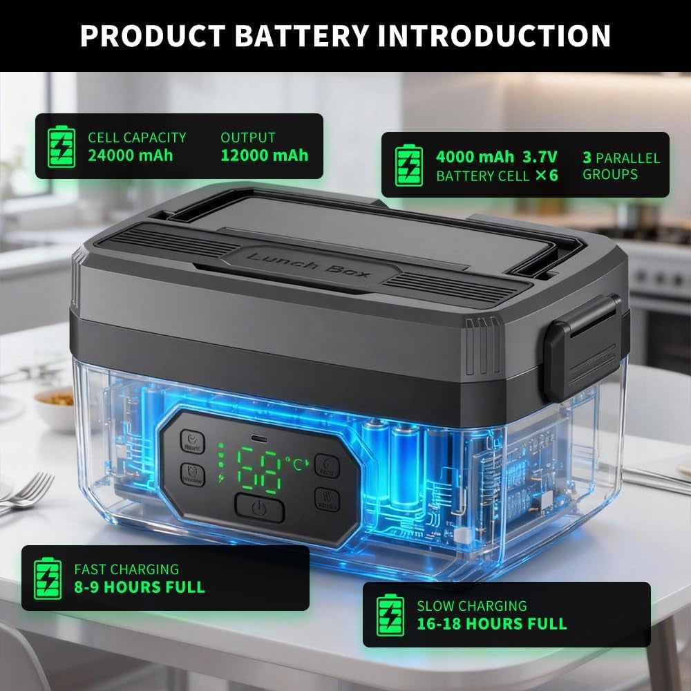 Electric Lunch Box Food Heater for Adult,1.6L & 24000Mah Heatable Lunchbox Battery Powered with Automatic Heating, Portable Food Warmer with Removable Divider for Truck Office Travel