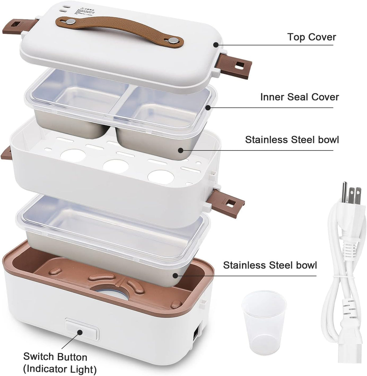 Electric Lunch Box for Adults, 300W Cook Raw Rice 2 Layer Heated Lunch Box